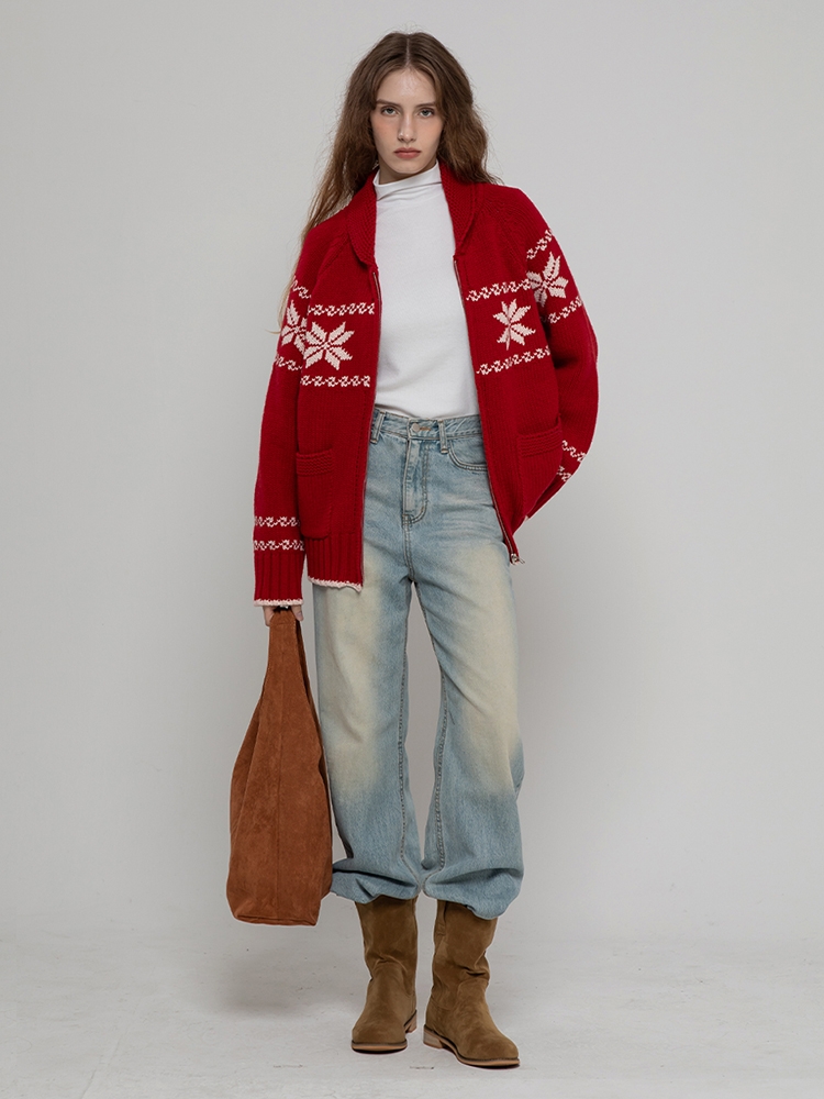 WOOL70 NORDIC MIDI ZIPUP KNIT CARDIGAN RED