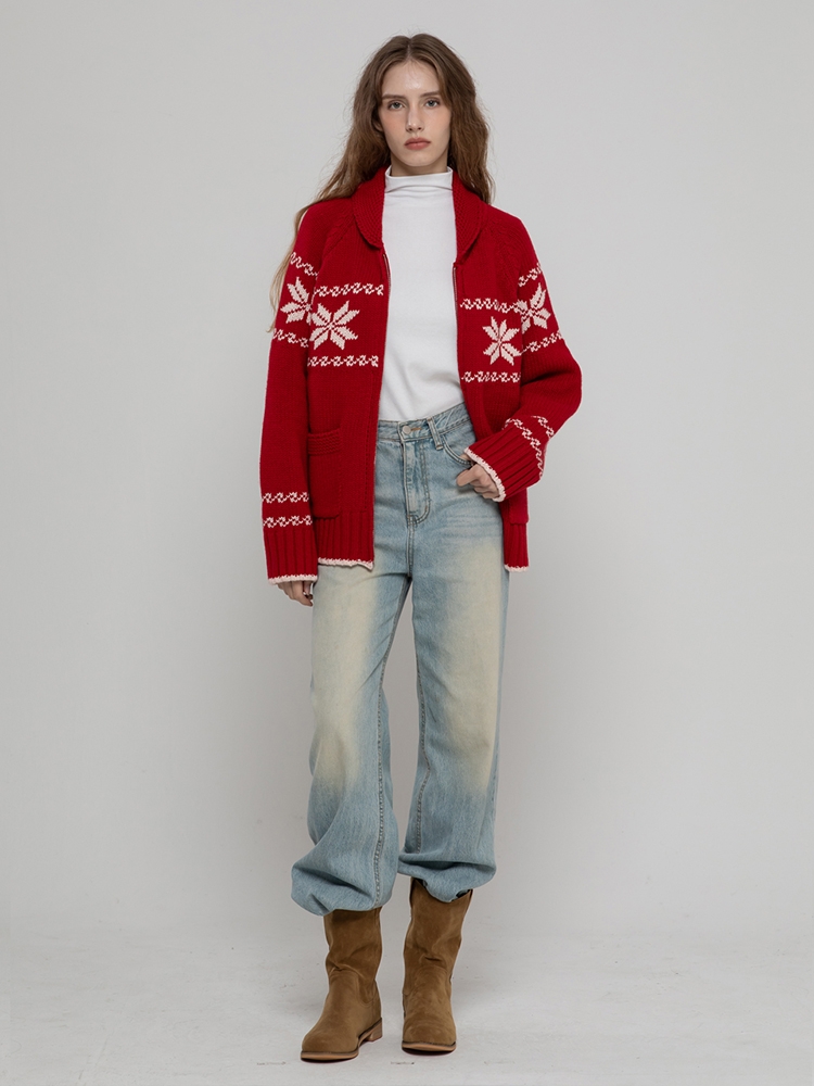 WOOL70 NORDIC MIDI ZIPUP KNIT CARDIGAN RED