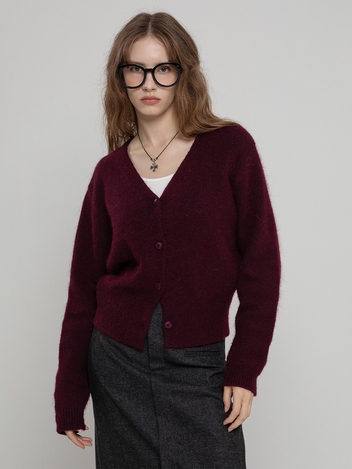 WOOL  V NECK  STANDARD KNIT CARDIGAN WINE