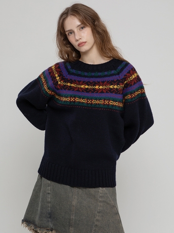 WOOL100 SNOW FLOWER LOOSEFIT LONG PULLOVER NAVY