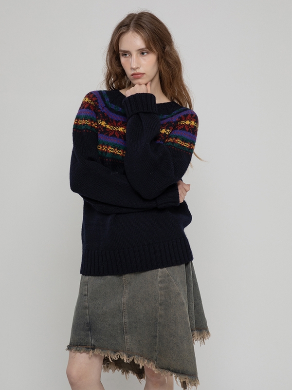 WOOL100 SNOW FLOWER LOOSEFIT LONG PULLOVER NAVY