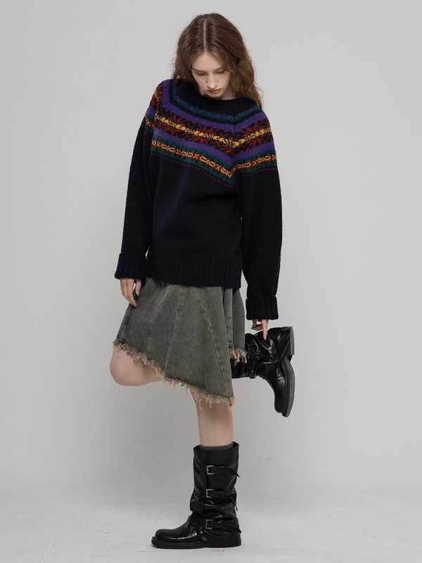 WOOL100 SNOW FLOWER LOOSEFIT LONG PULLOVER NAVY