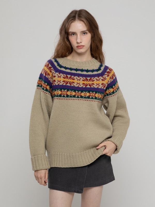 WOOL100 SNOW FLOWER LOOSEFIT LONG PULLOVER BEIGE