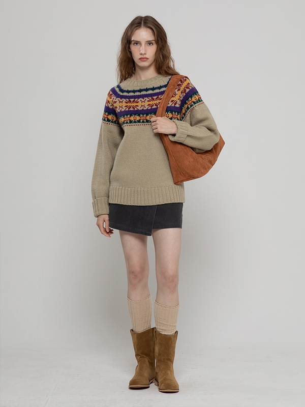 WOOL100 SNOW FLOWER LOOSEFIT LONG PULLOVER BEIGE