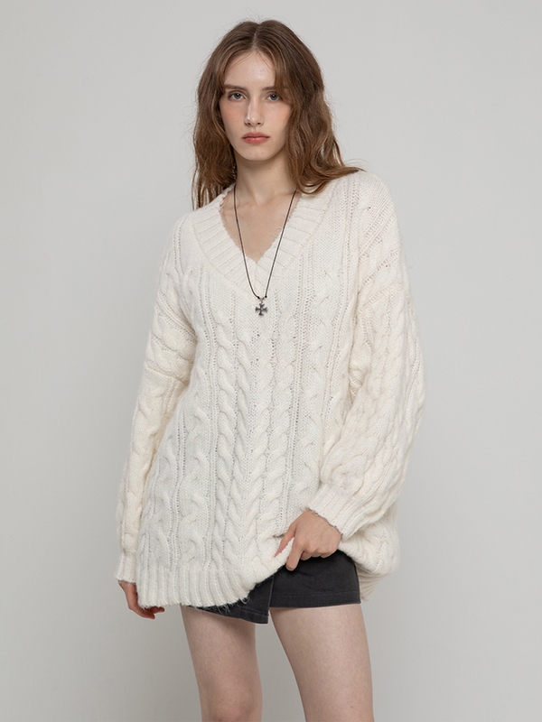 WOOL CABLE HAIRY LONG PULLOVER IVORY