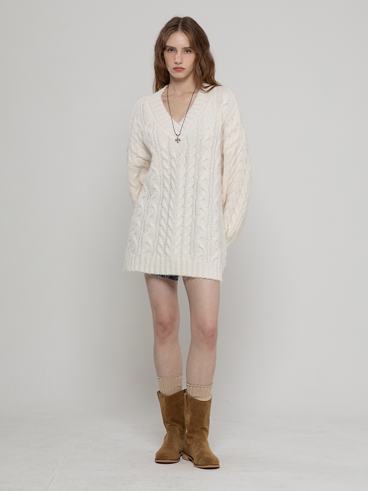 WOOL CABLE HAIRY LONG PULLOVER IVORY