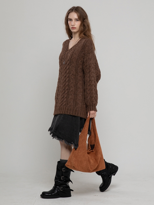 WOOL CABLE HAIRY LONG PULLOVER BRWON