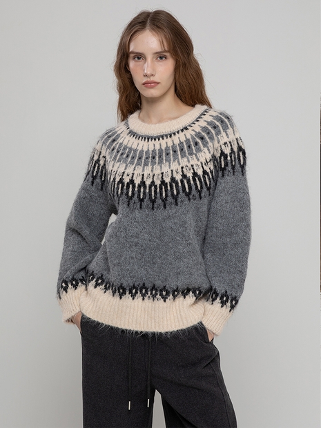 WOOL NORDIC HAIRY MIDI PULLOVER GREY