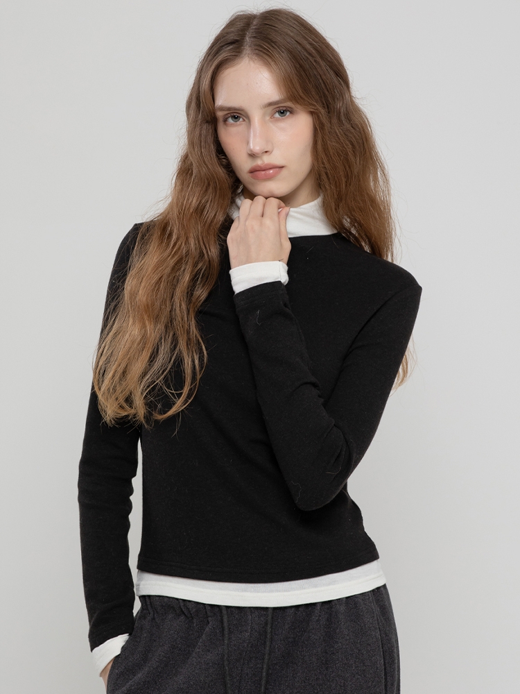 WOOL LAYERED HIGH NECK TOP BLACK