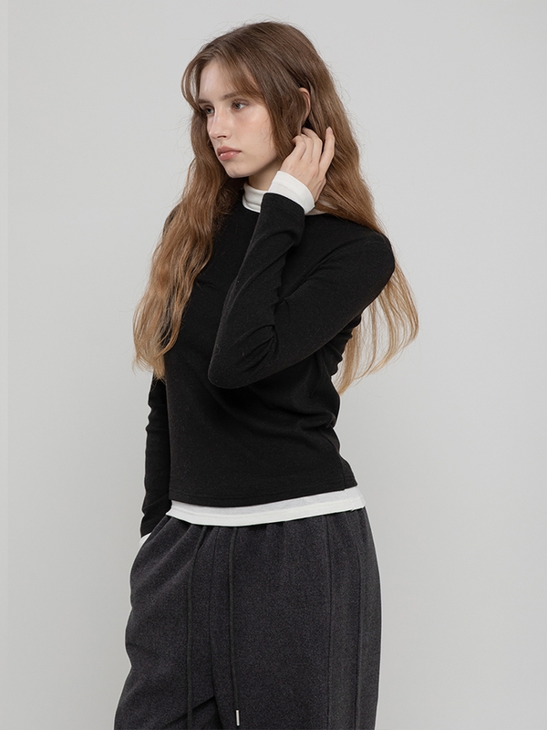 WOOL LAYERED HIGH NECK TOP BLACK