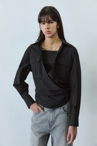 POCKET WRAP SHIRTS WITH SLEEVELESS TOP / BLACK STRIPE