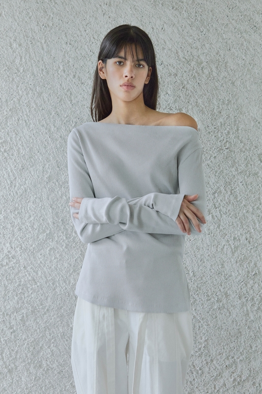 OFF-SHOULDER RIBBED T-SHIRTS / MINT GREY