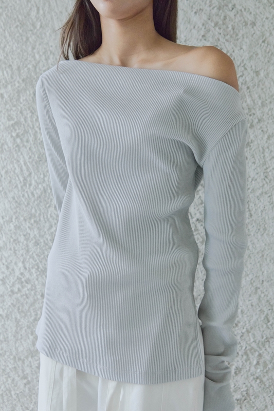 OFF-SHOULDER RIBBED T-SHIRTS / MINT GREY