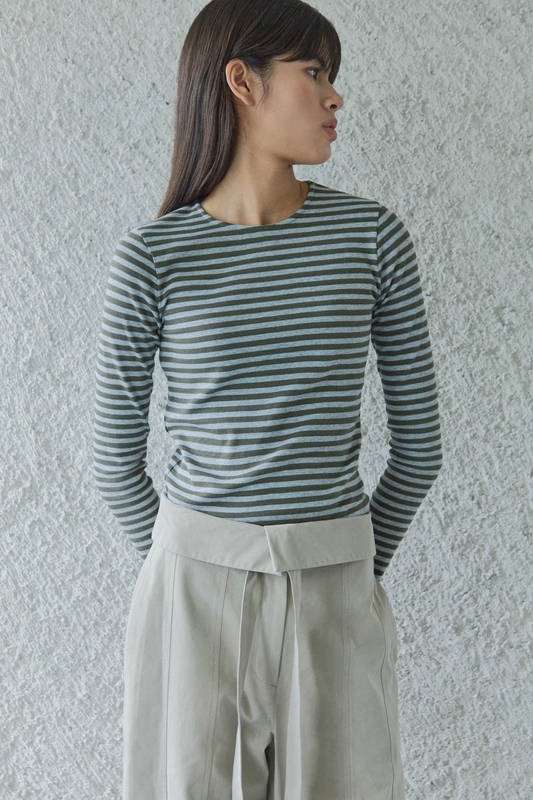 STRIPE LONG SLEEVE T-SHIRTS / KHAKI