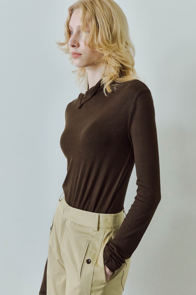 SIDE BUTTON DETAILED LONG SLEEVE T-SHIRTS / BROWN