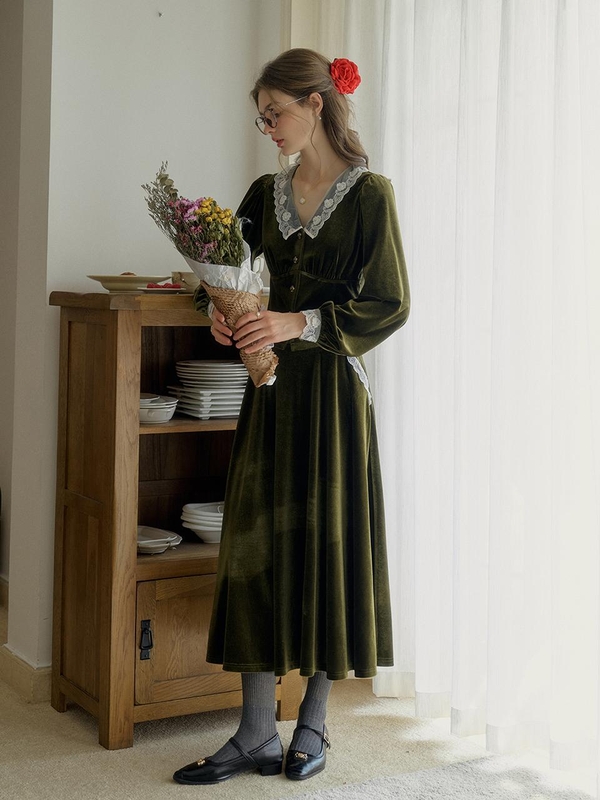 SR_Vintage velvet green long skirt