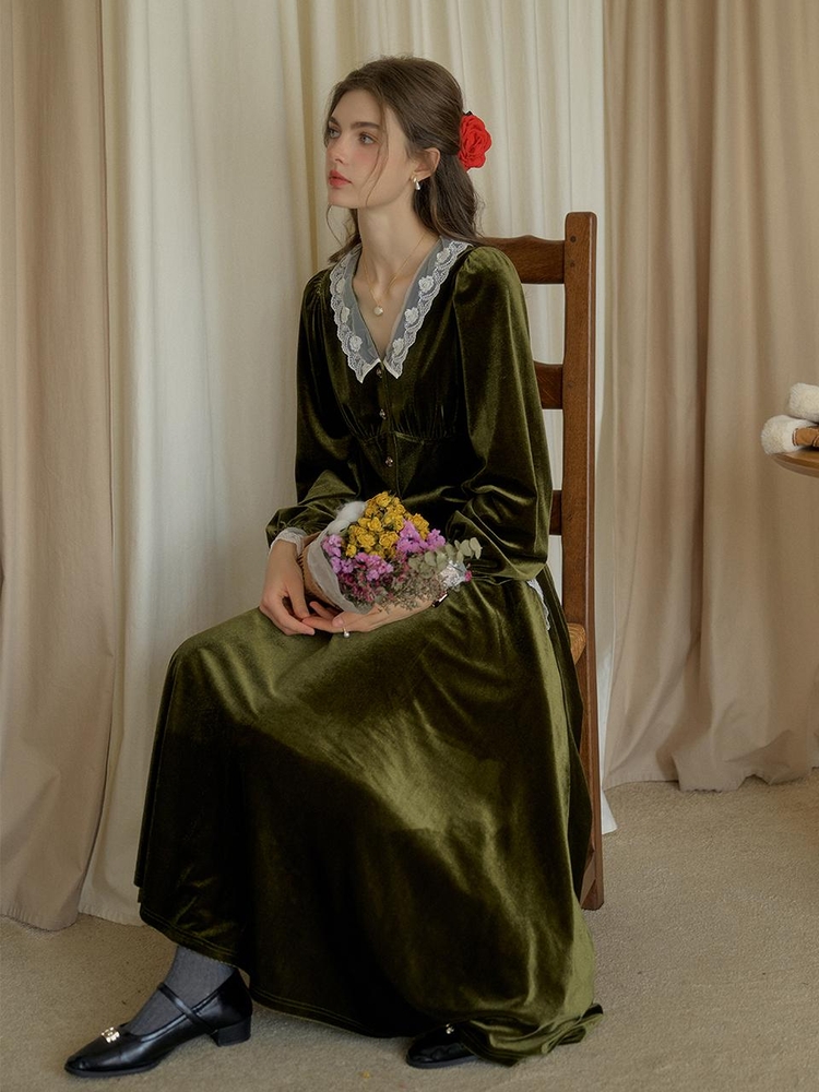 SR_Vintage velvet green long skirt