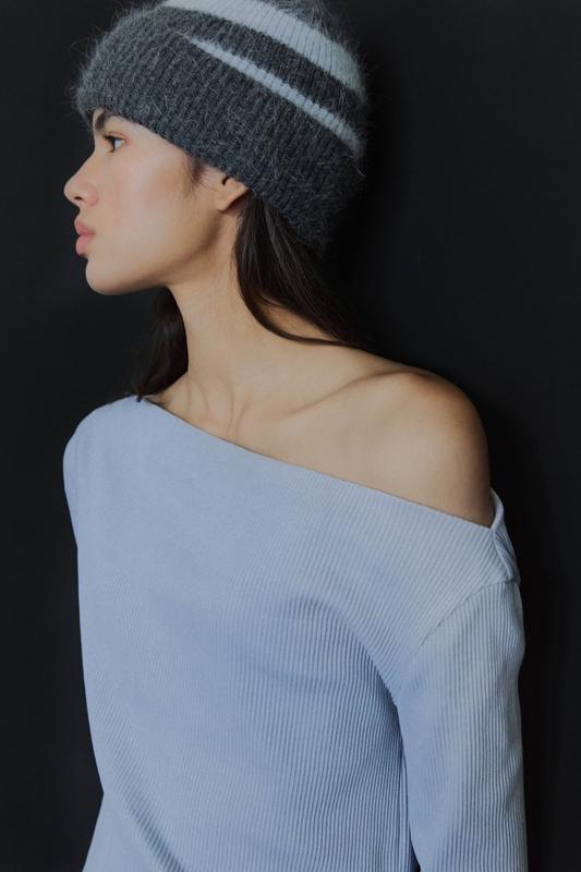 STRIPE ANGORA BEANIE / GREY