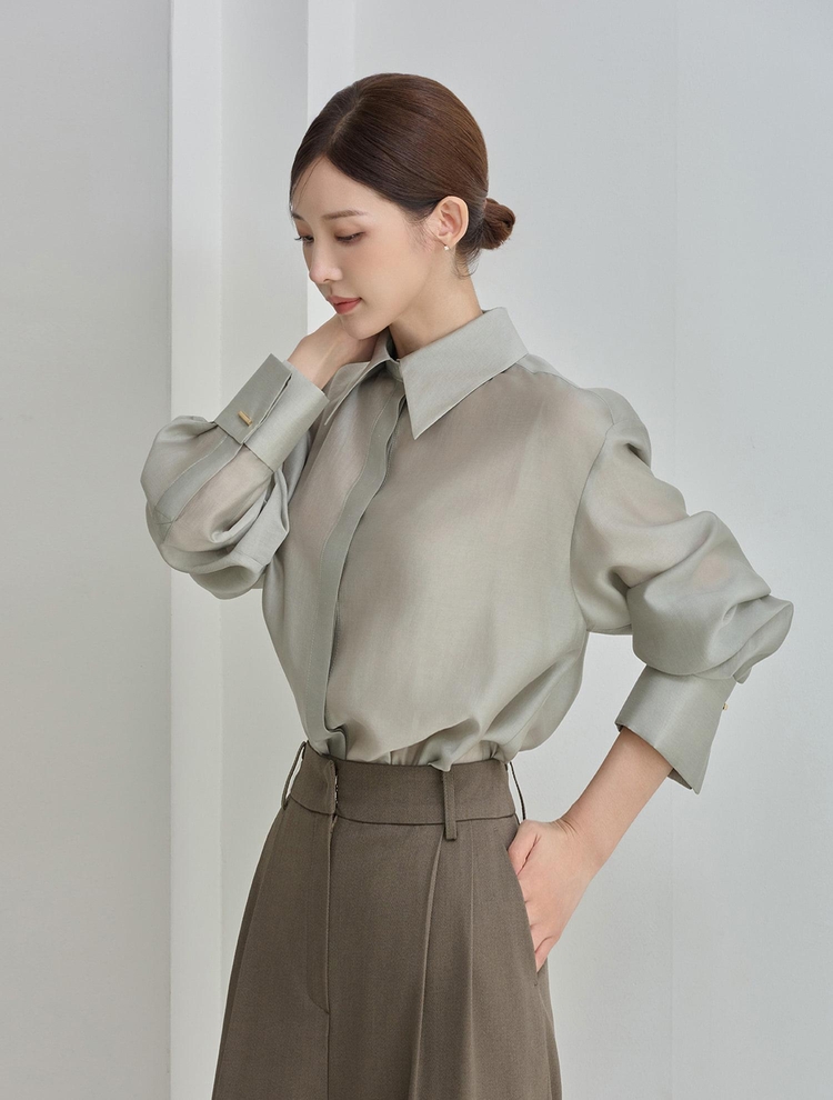 골드버튼 텐셀 블라우스 그린 GOLD BOTTON TENCEL BLOUSE GREEN