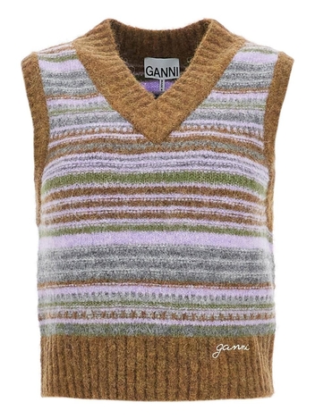 가니 SS25 soft striped knit vest with a comfortable K2356 MILITARY OLIVE