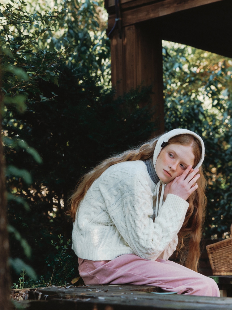 [SET] Alpaca Hair Band + Pompom Cable Knit Cardigan - ivory