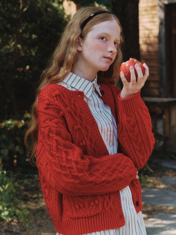 [SET] Alpaca Hair Band + Pompom Cable Knit Cardigan - red