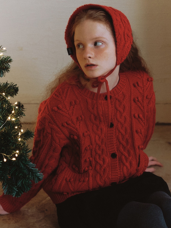 [SET] Alpaca Hair Band + Pompom Cable Knit Cardigan - red