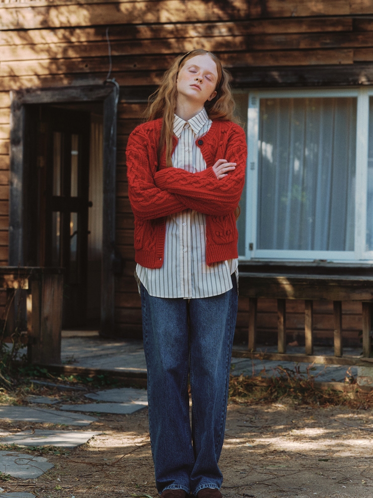 [SET] Alpaca Hair Band + Pompom Cable Knit Cardigan - red