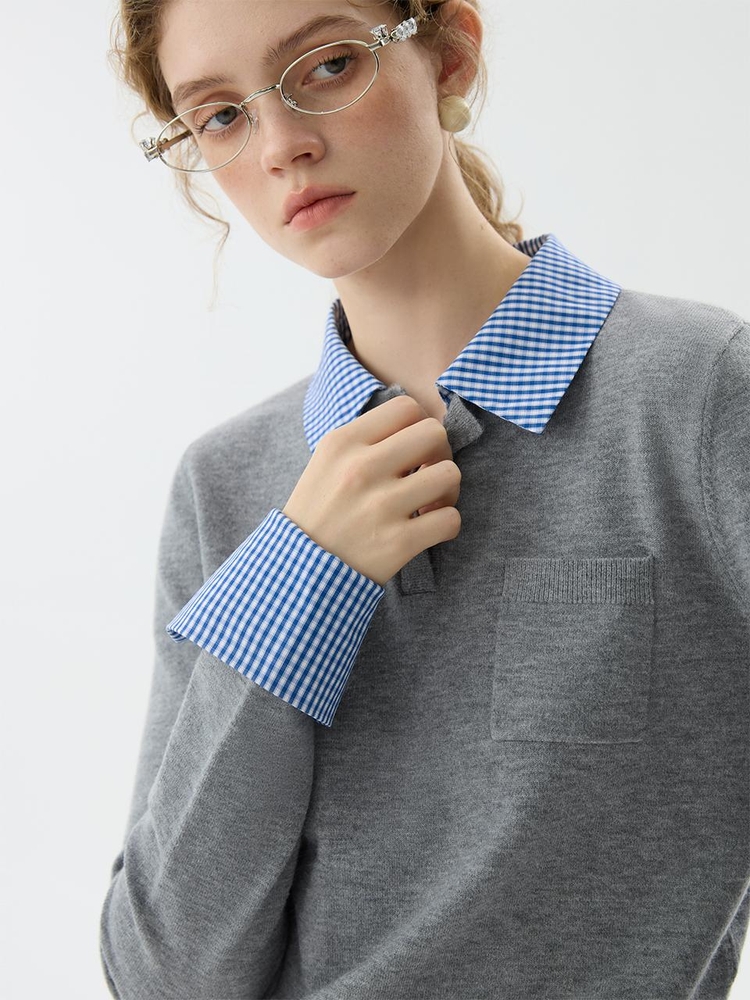 WD_Check collar cuffs knit top_2color