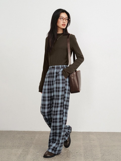 LS_Casual blue check banding pants