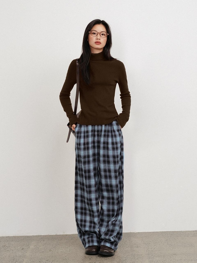 LS_Casual blue check banding pants