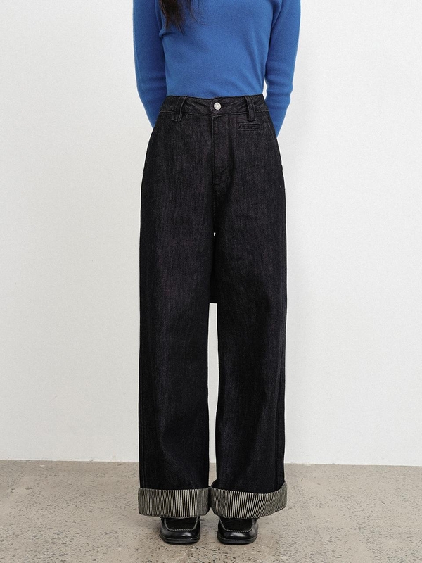 LS_Stripe roll-up denim pants