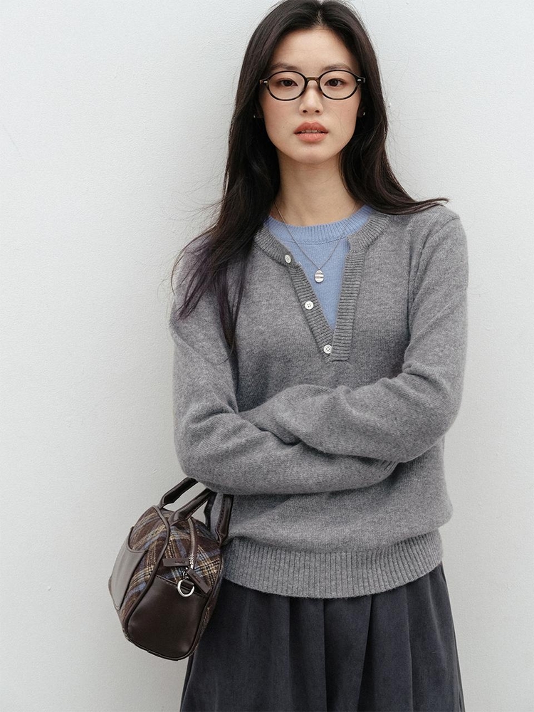 LS_Fake two-piece casual knit top