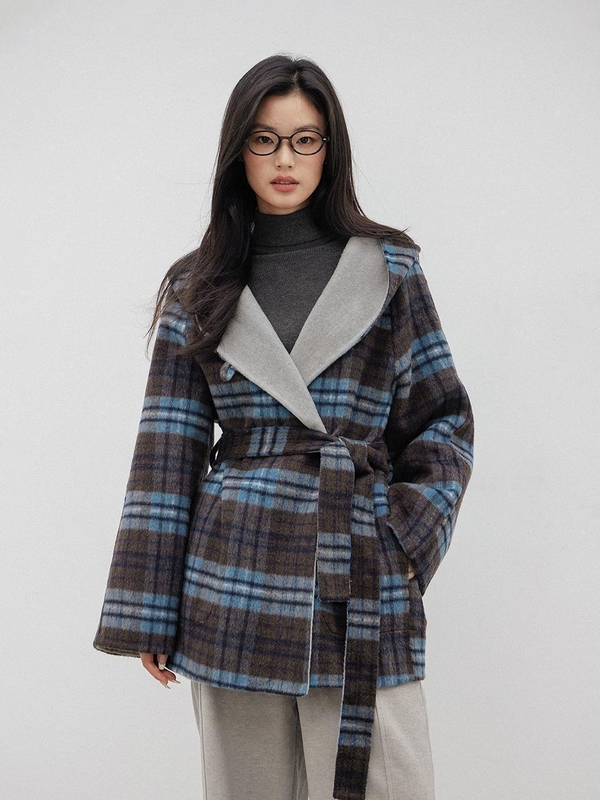 LS_Loose hooded wool check coat