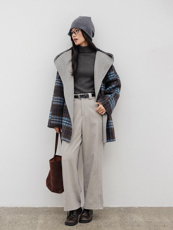 LS_Loose hooded wool check coat