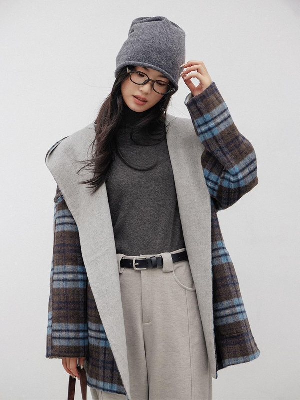 LS_Loose hooded wool check coat