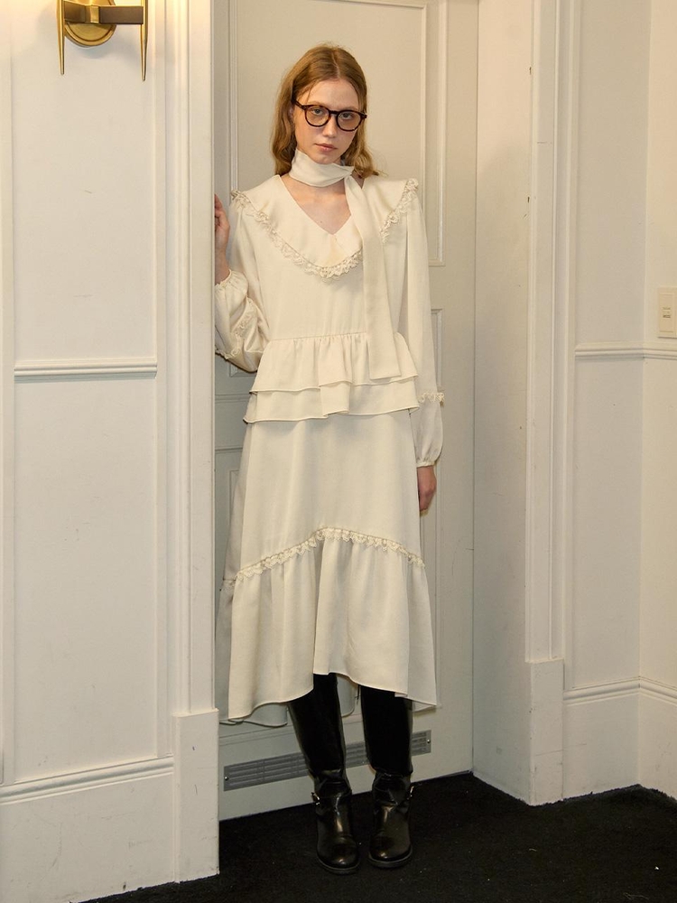 Scarf Ruffle Long Dress_ Ivory