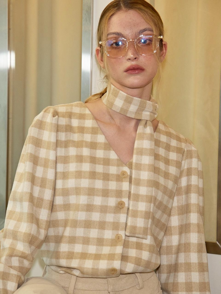 Scarf Gingham Check Blouse_ Beige