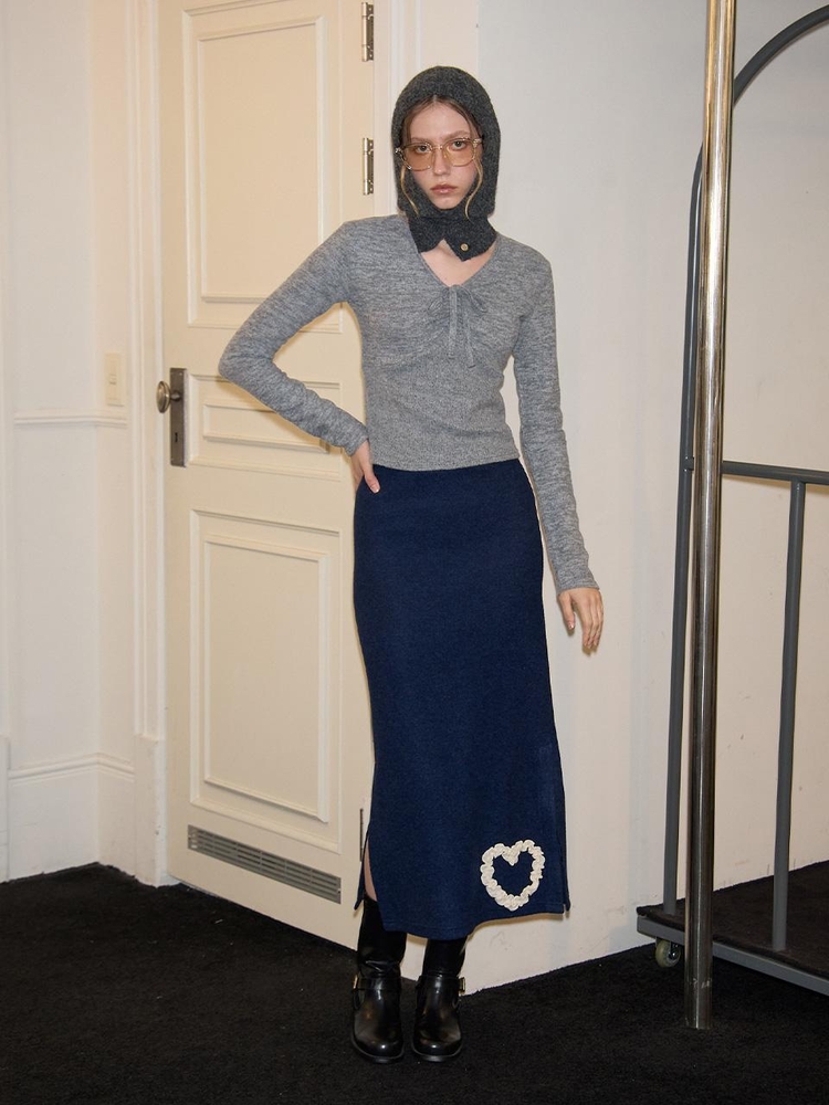 Heart Point Knit Skirt_ Navy