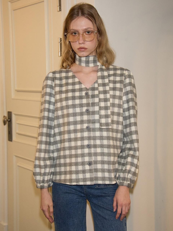 Scarf Gingham Check Blouse_ Gray