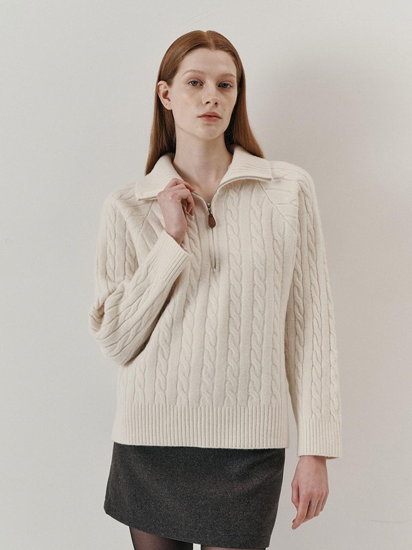 WD_Cable half zip up knit top_IVORY