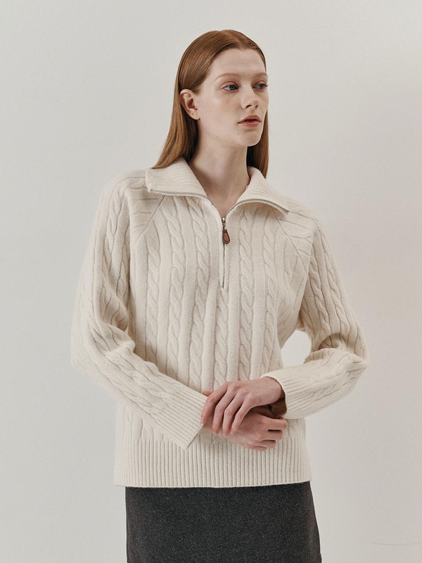 WD_Cable half zip up knit top_IVORY