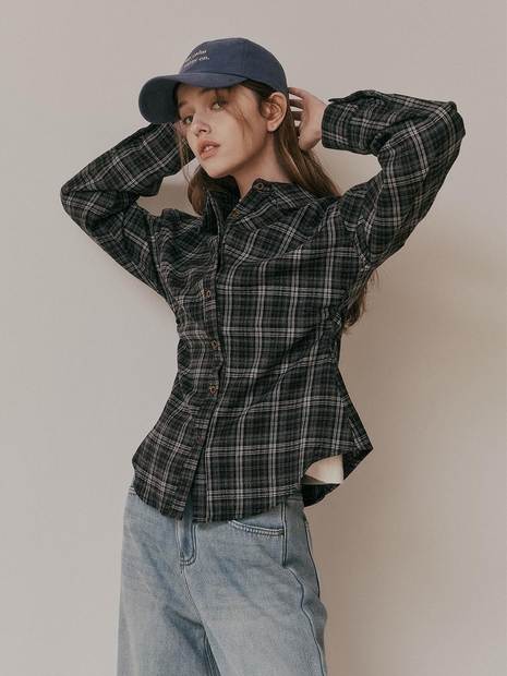 AR_Plaid shirring waist shirt_BLACK