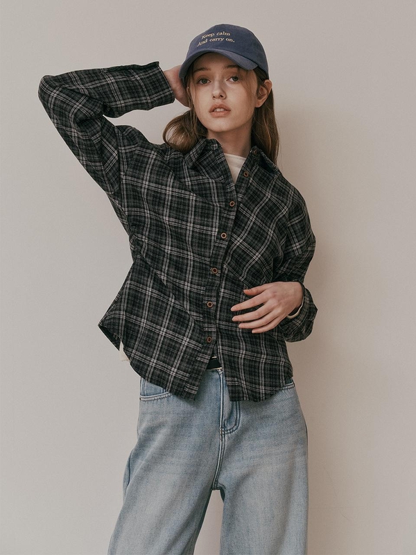 AR_Plaid shirring waist shirt_BLACK