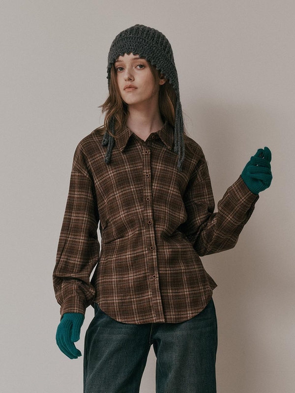 AR_Plaid shirring waist shirt_BROWN