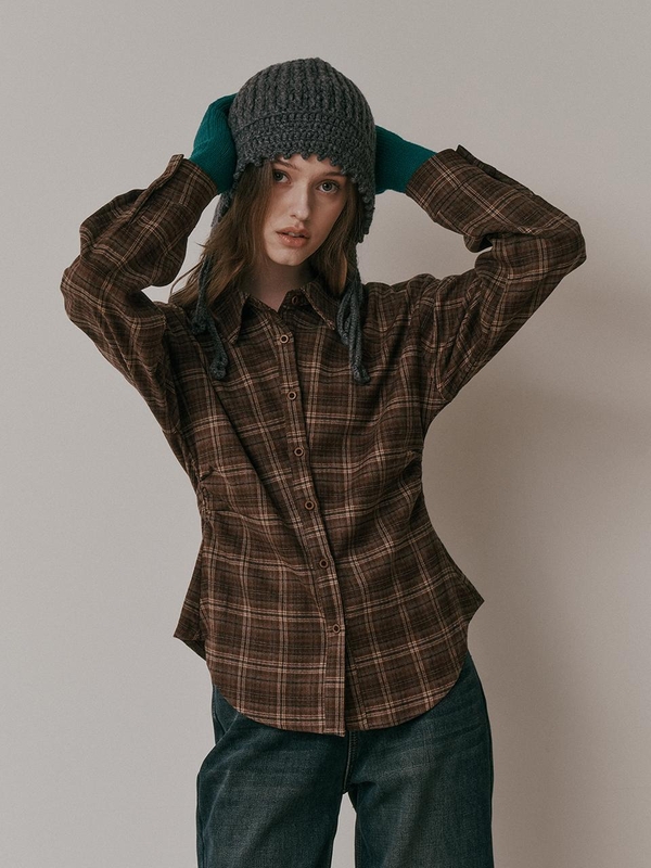 AR_Plaid shirring waist shirt_BROWN