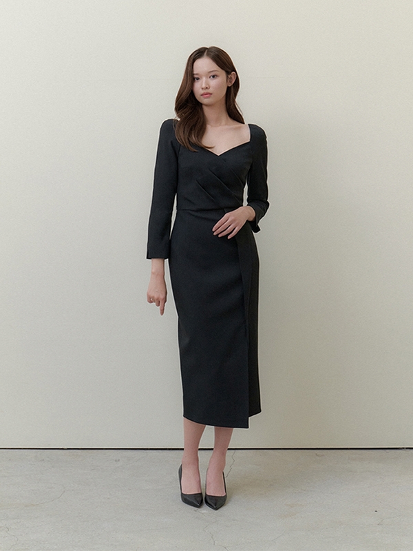 Wrap Slit-Slim Dress / Black (2color)