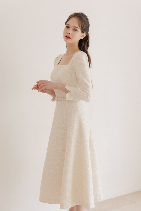 Tweed Square-neck Flare Dress / Ivory(3color)