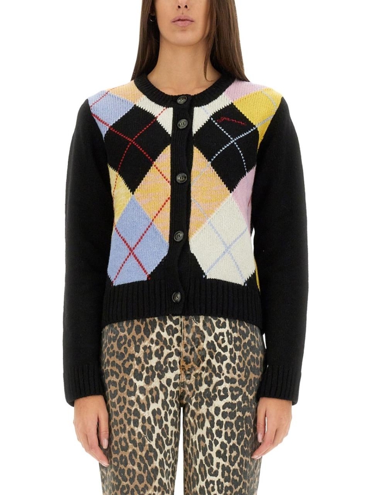 가니 SS25 KNITTED HARLEQUIN CARDIGAN K2380_999 BLACK