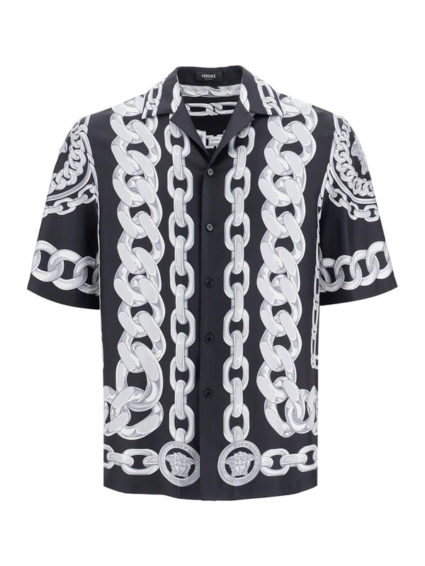 베르사체 SS25 printed silk medusa chains bowling shirt 1003926 1A13397 BLACK+SILVER